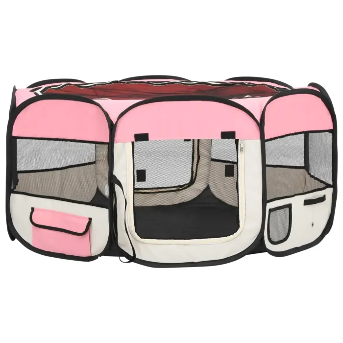 vidaXL Foldable Dog Playpen with Carrying Bag Pink 57.1"x57.1"x24" - Image 2