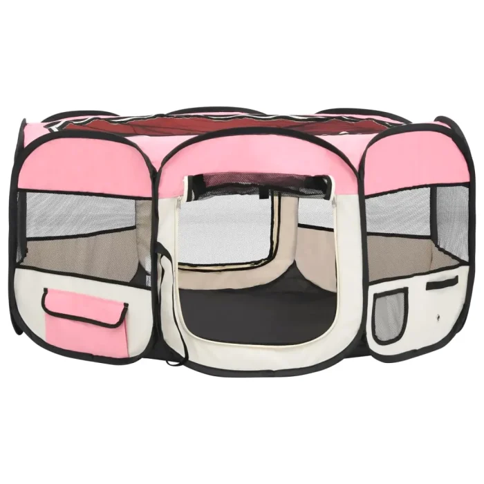 vidaXL Foldable Dog Playpen with Carrying Bag Pink 57.1"x57.1"x24" - Image 3