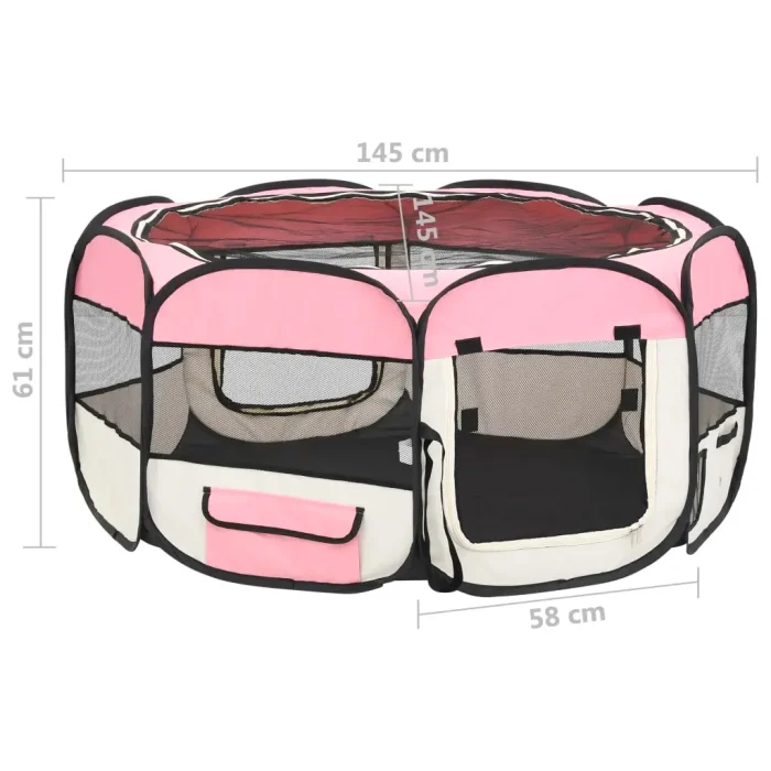 vidaXL Foldable Dog Playpen with Carrying Bag Pink 57.1"x57.1"x24" - Image 11